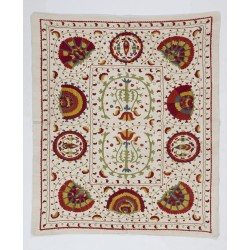 White Vintage Embroidery, UZBEK Suzani / Embroidered Cover / Hanging, 3' 3 x 3' 9" (100 x 116 cm)