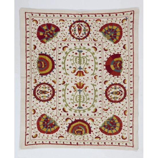 White Vintage Embroidery, UZBEK Suzani / Embroidered Cover / Hanging, 3' 3 x 3' 9" (100 x 116 cm)