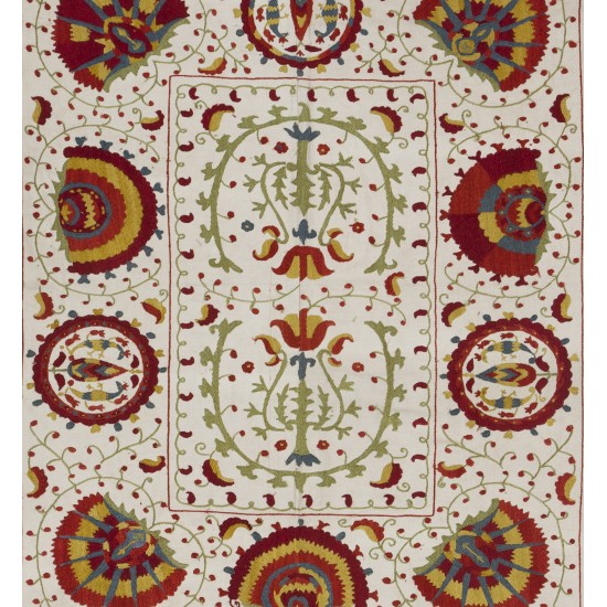 White Vintage Embroidery, UZBEK Suzani / Embroidered Cover / Hanging, 3' 3 x 3' 9" (100 x 116 cm)