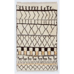 Beige MOROCCAN Berber Beni Ourain Design Rug with Brown and Yellow patterns, HANDMADE, 100% Wool
