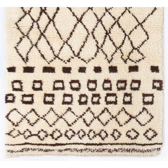 Beige MOROCCAN Berber Beni Ourain Design Rug with Brown Geometrical patterns, HANDMADE, 100% Wool
