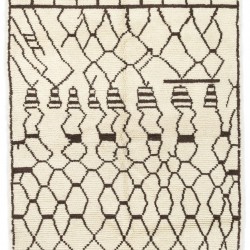 Ivory color MOROCCAN Berber Beni Ourain Design Rug with Brown patterns, HANDMADE, 100% Wool