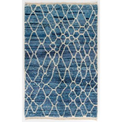 Air Force Blue color MOROCCAN Berber Beni Ourain Design Rug with Beige patterns and shades of Royal Blue and Light Blue, HANDMADE, 100% Wool
