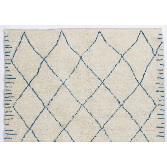 Ivory color MOROCCAN Berber Beni Ourain Design Rug with Blue patterns, HANDMADE, 100% Wool