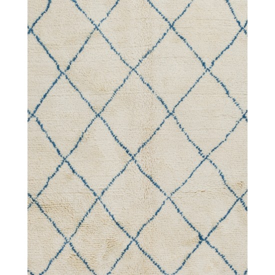 Ivory color MOROCCAN Berber Beni Ourain Design Rug with Blue patterns, HANDMADE, 100% Wool
