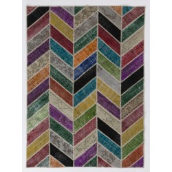 152x245 cm Herringbone Zig Zag Design Multicolor PATCHWORK Rug Handmade from OVERDYED Vintage Turkish Carpets