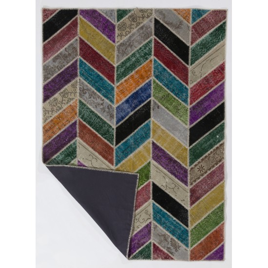 183x245 cm ( 6x8 Ft.) MultiColor Patchwork Rug, Chevron design, Handmade from OverDyed Vintage Turkish Carpets