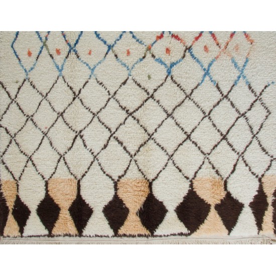 Ivory color MOROCCAN Berber Beni Ourain Design Rug with Brown, Blue, Green and Taupe Diamond patterns, HANDMADE, 100% Wool