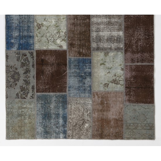 183x275 cm Faded Blue, Brown, Gray and Turquoise Color PATCHWORK Rug 