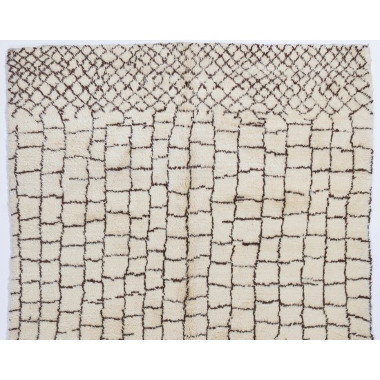 Ivory color MOROCCAN Berber Beni Ourain Design Rug with Brown Square patterns, HANDMADE, 100% Wool
