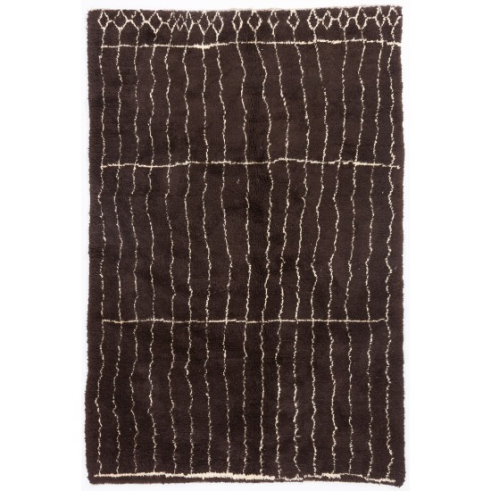 Brown colored MOROCCAN Berber Beni Ourain Design Rug with Beige Line Patterns, HANDMADE, 100% Wool