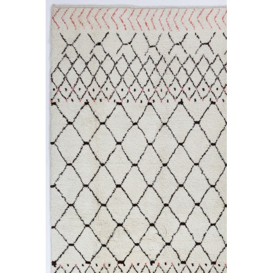 Ivory Color MOROCCAN Berber Beni Ourain Design Rug with Brown and Red Patterns, HANDMADE, 100% Wool