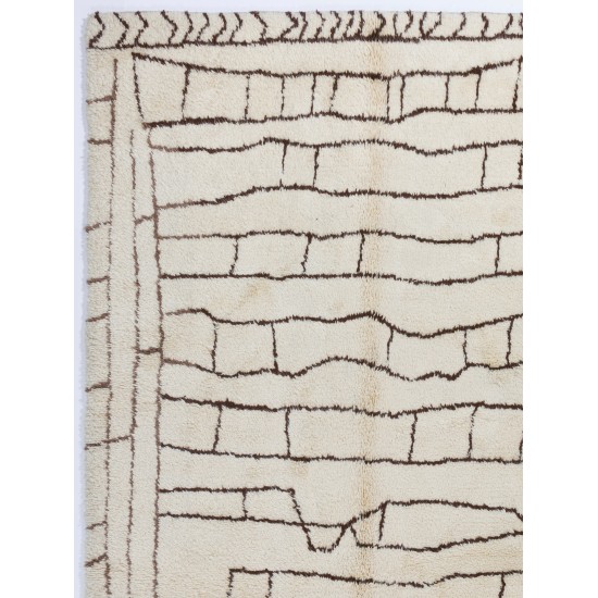 Ivory color Moroccan Rug with Brown patterns, HANDMADE, 100% Wool