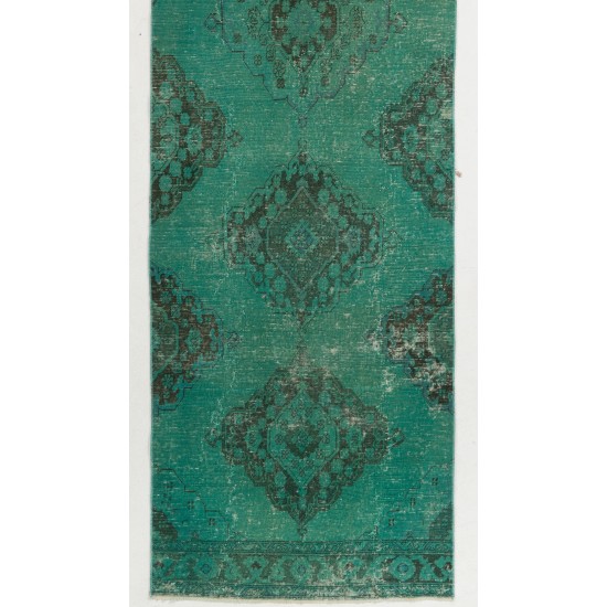 Teal Over-Dyed Vintage Handmade Turkish Runner Rug, Unique Corridor Carpet. 3.4 x 12.9 Ft (101 x 391 cm)