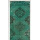 Teal Over-Dyed Vintage Handmade Turkish Runner Rug, Unique Corridor Carpet. 3.4 x 12.9 Ft (101 x 391 cm)