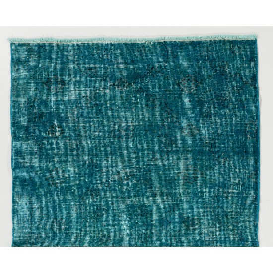 Teal Over-Dyed Vintage Handmade Turkish Accent Rug for Modern Interiors. 3.8 x 6.2 Ft (113 x 187 cm)