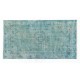 Light Blue Over-Dyed Vintage Handmade Turkish Rug, Art Deco Chinese Design Wool Carpet. 3.8 x 7 Ft (113 x 214 cm)