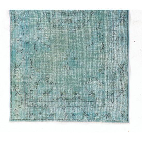Light Blue Over-Dyed Vintage Handmade Turkish Rug, Art Deco Chinese Design Wool Carpet. 3.8 x 7 Ft (113 x 214 cm)