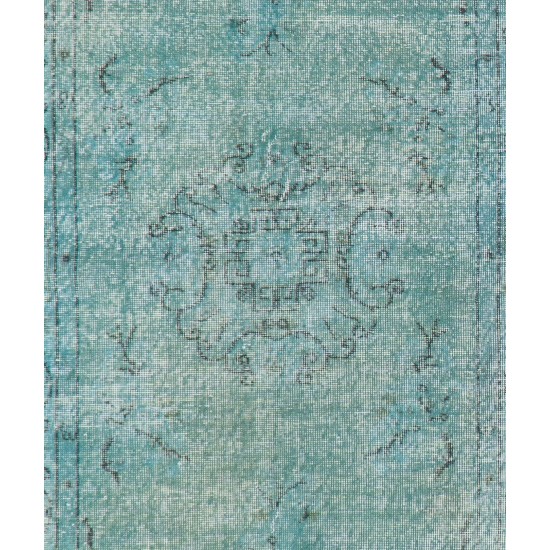 Light Blue Over-Dyed Vintage Handmade Turkish Rug, Art Deco Chinese Design Wool Carpet. 3.8 x 7 Ft (113 x 214 cm)