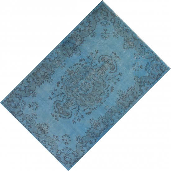 Light Blue Over-Dyed Vintage Handmade Turkish Rug. 4 x 6.9 Ft (120 x 210 cm)