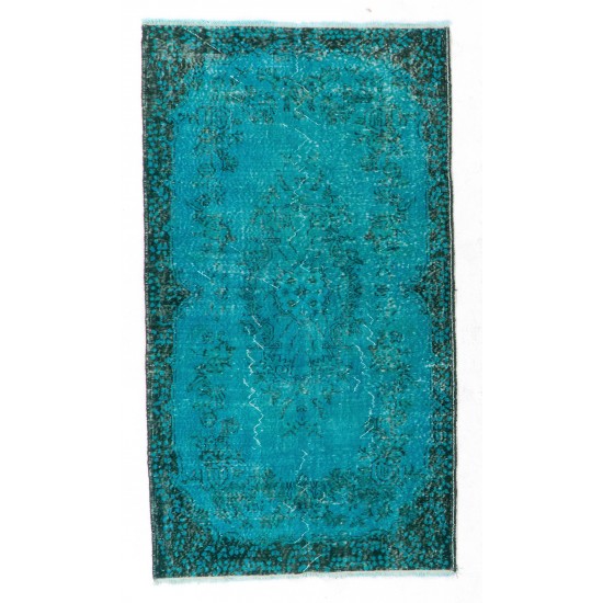 Teal Over-Dyed Vintage Handmade Turkish Rug. 4 x 7 Ft (120 x 211 cm)