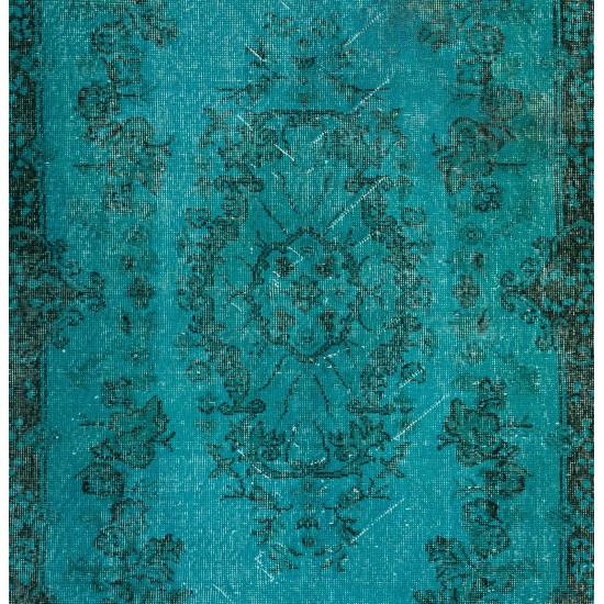 Teal Over-Dyed Vintage Handmade Turkish Rug. 4 x 7 Ft (120 x 211 cm)