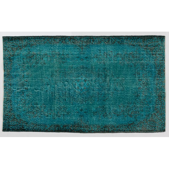 Teal Over-Dyed Vintage Handmade Turkish Rug. 4 x 6.9 Ft (122 x 210 cm)