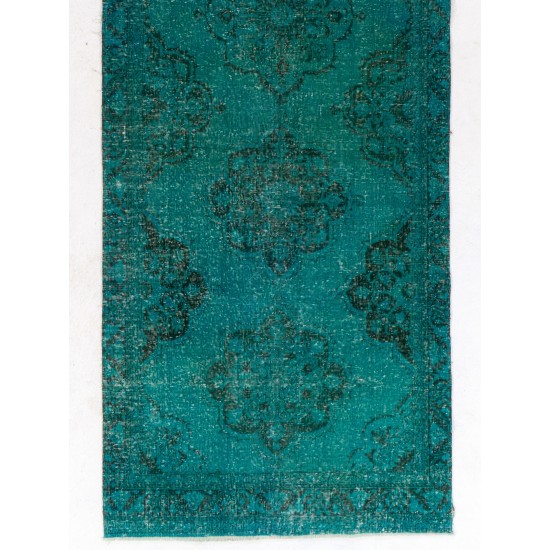 Teal Overdyed Vintage Handknotted Runner Rug, Authentic Corridor Carpet from Turkey. 4.6 x 13 Ft (138 x 399 cm)