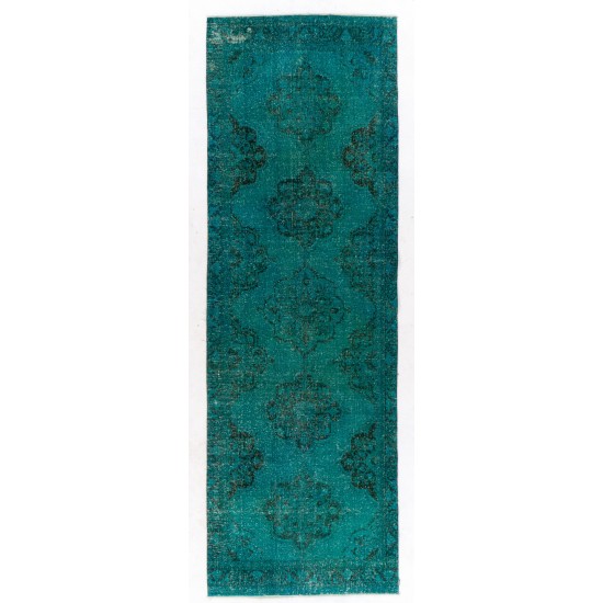 Teal Overdyed Vintage Handknotted Runner Rug, Authentic Corridor Carpet from Turkey. 4.6 x 13 Ft (138 x 399 cm)