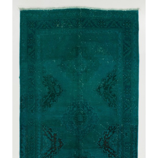 Teal Overdyed Vintage Handknotted Runner Rug, Authentic Corridor Carpet from Turkey. 4.7 x 11.8 Ft (142 x 357 cm)