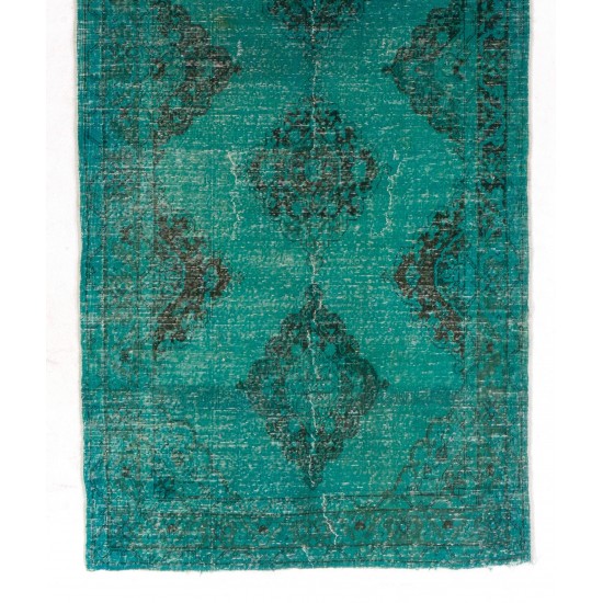 Teal Overdyed Vintage Handmade Runner Rug, Authentic Corridor Carpet from Turkey. 4.8 x 12.4 Ft (145 x 375 cm)
