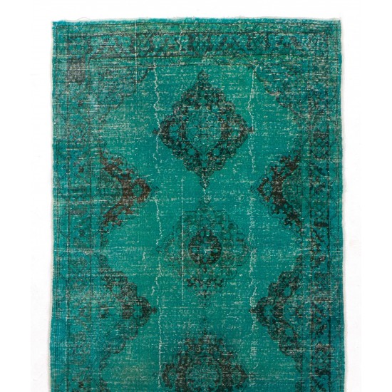 Teal Overdyed Vintage Handmade Runner Rug, Authentic Corridor Carpet from Turkey. 4.8 x 12.4 Ft (145 x 375 cm)