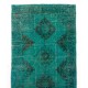 Teal Overdyed Vintage Handmade Runner Rug, Authentic Corridor Carpet from Turkey. 4.8 x 12.4 Ft (145 x 375 cm)