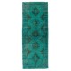 Teal Overdyed Vintage Handmade Runner Rug, Authentic Corridor Carpet from Turkey. 4.8 x 12.4 Ft (145 x 375 cm)