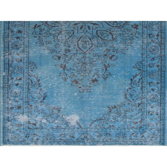 Blue Overdyed Vintage Handmade Turkish Rug. 4.9 x 9.7 Ft (148 x 293 cm)