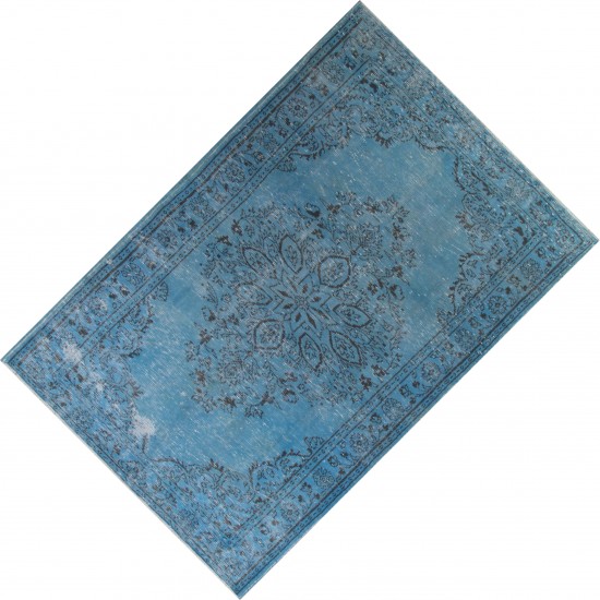 Blue Overdyed Vintage Handmade Turkish Rug. 4.9 x 9.7 Ft (148 x 293 cm)