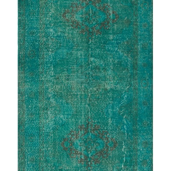 Teal Overdyed Vintage Handmade Runner Rug, Authentic Corridor Carpet from Turkey. 5 x 12.8 Ft (150 x 390 cm)