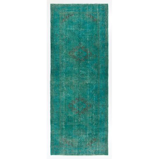 Teal Overdyed Vintage Handmade Runner Rug, Authentic Corridor Carpet from Turkey. 5 x 12.8 Ft (150 x 390 cm)