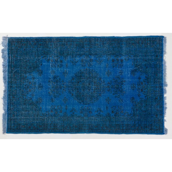 Blue Over-Dyed Vintage Handmade Turkish Rug, Woolen Floor Covering. 5.4 x 8.6 Ft (162 x 260 cm)