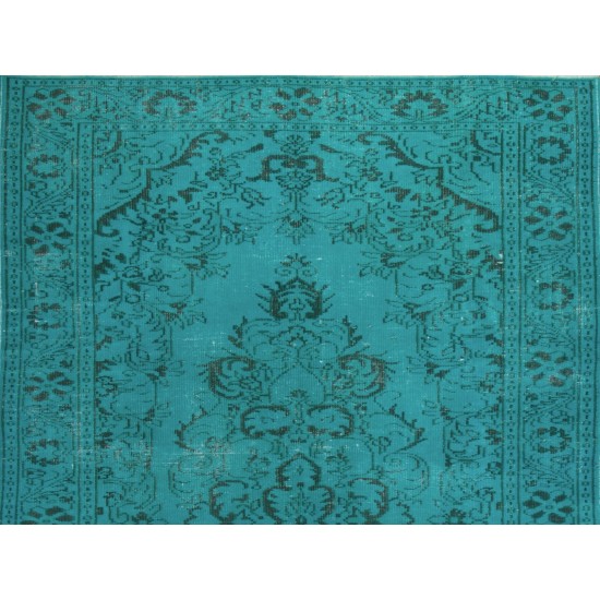 Aqua Blue Overdyed Vintage Hand-Knotted Turkish Area Rug. 5.9 x 10.2 Ft (177 x 308 cm)