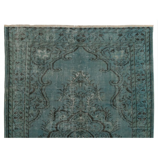 Teal Over-Dyed Vintage Handmade Turkish Area Rug, Wool and Cotton Carpet. 5.9 x 8.4 Ft (179 x 253 cm)