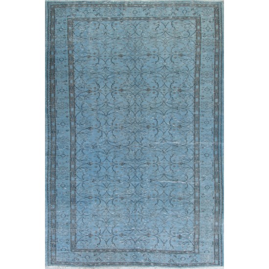 Cerulean Blue Overdyed Vintage Hand-Knotted Turkish Area Rug. 6 x 8.6 Ft (180 x 262 cm)
