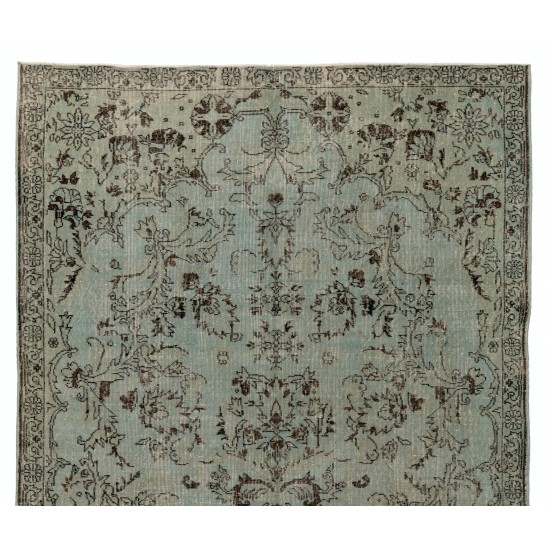Light Blue Over-Dyed Vintage Handmade Turkish Area Rug, Floral Garden Design Carpet. 6 x 9.7 Ft (184 x 294 cm)