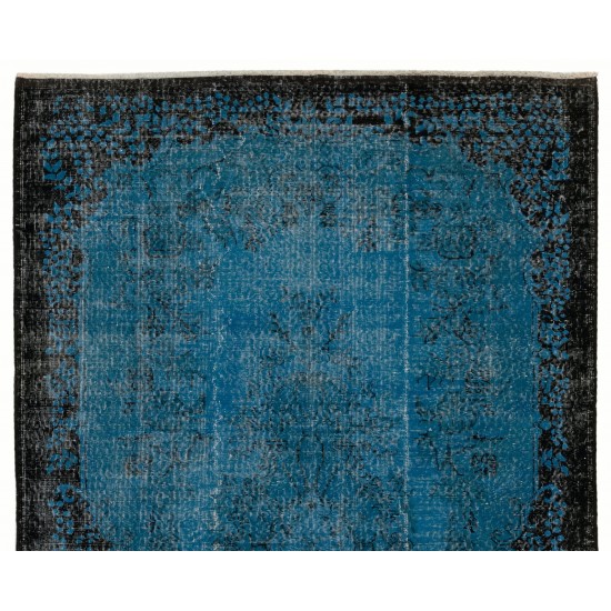 Blue Over-Dyed Vintage Handmade Turkish Rug, Wool and Cotton Carpet. 6.3 x 9.4 Ft (189 x 286 cm)