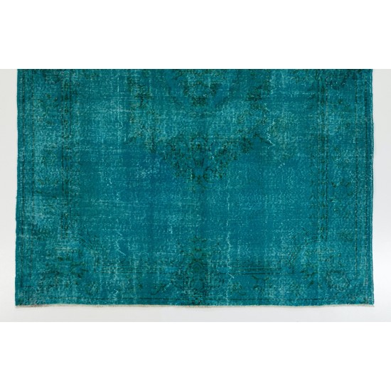 Teal Over-Dyed Vintage Handmade Turkish Area Rug, Living Room Carpet. 6.5 x 8.5 Ft (197 x 258 cm)
