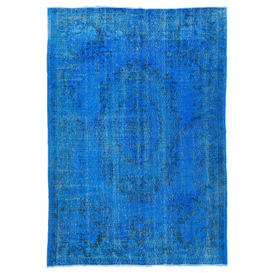 Blue Over-Dyed Vintage Handmade Turkish Rug. 6.8 x 9.8 Ft (205 x 297 cm)