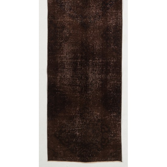 Brown Overdyed Runner Rug, Vintage Handmade Corridor Carpet from Turkey. 2.5 x 10.7 Ft (75 x 325 cm)
