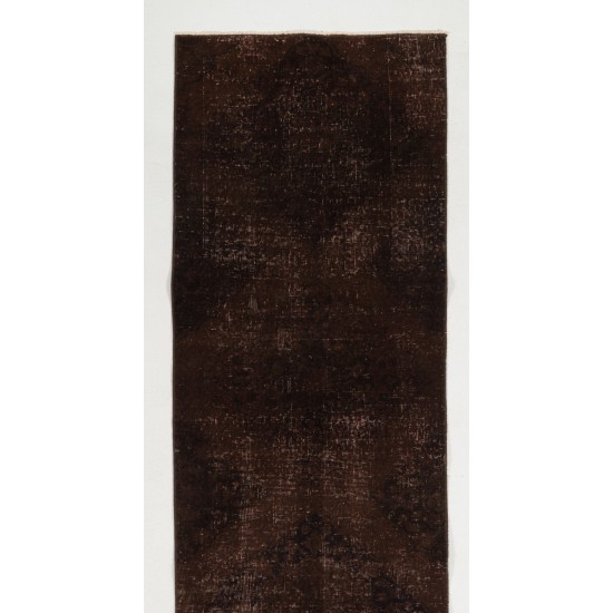 Brown Overdyed Runner Rug, Vintage Handmade Corridor Carpet from Turkey. 2.5 x 10.7 Ft (75 x 325 cm)