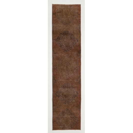 Brown Overdyed Runner Rug, Vintage Handmade Corridor Carpet from Turkey. 2.5 x 10.9 Ft (75 x 330 cm)