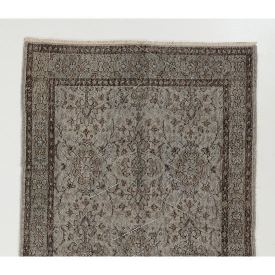 Gray Over-Dyed Vintage Handmade Turkish Accent Rug with Floral Design. 3.9 x 6.9 Ft (116 x 210 cm)